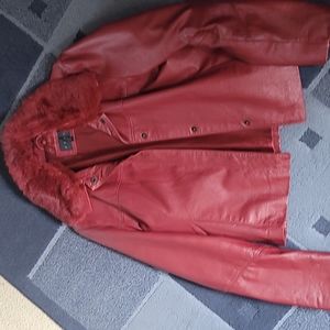 Maroon leather Fur collared jacket